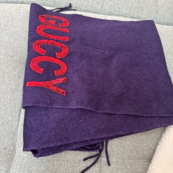Gucci Purple and Red Scarf with Fringe and Embroidery